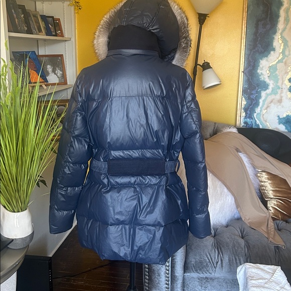 Andrew Marc Fox Fur
Trim Hood Belted Puffer Navy Jacket - Picture 7 of 14